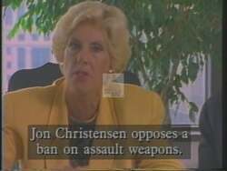 ["In a powerful 1994 political ad for Peter Hoagland, Jim Brady, severely wounded in an assassination attempt, condemns John Christensen's opposition to gun control laws. Throughout the ad, Brady, significantly impacted by gun violence, makes a poignant plea advocating for stricter gun control, specifically criticizing Christensen's stance against the Brady Law."]