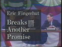 ["The 1994 political TV ad for Steve LaTourette targets his opponent Eric Fingerhut, emphasizing Fingerhut's inconsistencies and broken promises regarding taxpayer-funded mailings. The ad repeatedly showcases Fingerhut at various events, underscoring his contradictions and perceived hypocrisy through visual text overlays and direct quotes, casting doubt on his integrity and reliability."]