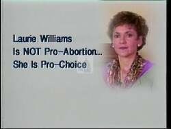 ["In a 1992 political TV ad, Democratic candidate Laurie Williams emphasizes her pro-choice stance, eloquently speaking in front of a campaign poster declaring \"Pro-Choice, Your Choice.\" She passionately engages with voters in a community hall, advocating for women's rights and personal freedom, highlighting her commitment to preserving these fundamental choices."]