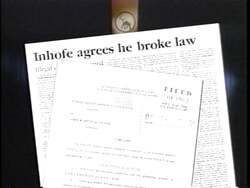 ["In this 1990 political TV ad, the Democratic Party portrays Jim Inhofe as staunchly unapologetic despite his controversial career. Scenes show Inhofe at various events, solemnly and defiantly reflecting on his legislative inefficiencies, legal disputes, and environmental criticisms, underscored by subtitles and background images that emphasize the negative impacts of his tenure."]