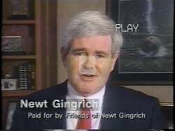 ["In a 1994 political TV ad, Newt Gingrich, a Republican presidential candidate, consistently highlights the primary importance of listening in his role as congressman. The scenes portray Gingrich in various settings such as classrooms and offices, underlining his listening philosophy as fundamental for effective representation and congressional duty. The ad consistently features Gingrich discussing this theme passionately with different audiences."]