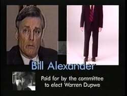 ["In his 1994 campaign ad, Republican candidate Warren Dupuy criticizes his opponent Lambert for supporting big tax increases, positioning himself as a staunch opponent of new taxes. Dupuy emphasizes fiscal responsibility and conservative values throughout various scenes where he speaks at podiums and sits at desks, surrounded by campaign imagery, advocating for no new taxes."]