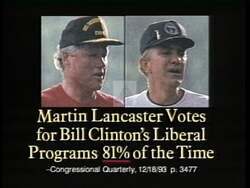 ["In the 1994 ad for Walter Beaman Jones, scenes constantly highlight the close political alignment between Martin Lancaster and Democratic President Bill Clinton. The ad emphasizes their partnership and collaboration, depicting them in friendly, conversational settings to suggest a strong political alliance and shared legislative agenda in Congress."]