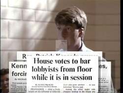 ["In the 1994 political advertisement, Democratic candidate Patrick J. Kennedy is depicted vigorously addressing the Rhode Island legislature. Throughout multiple scenes, he champions important governmental reforms with a focus on transparency and accountability. His speeches, delivered with passion and confidence, emphasize his commitment to bringing crucial changes and effective leadership to Rhode Island."]
