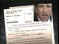 ["The 1994 political ad from Patrick J. Kennedy's campaign targets opponent Kevin Vigilante's inconsistency, highlighting his past lawsuits for extensive damages while he currently advocates for legal reform to limit such settlements. The ad paints Vigilante as hypocritical, contrasting his previous actions with his new stance on limiting lawsuit awards."]