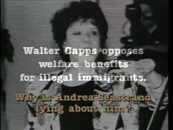 ["The 1996 political TV ad for Walter H. Capps in his campaign against Andrea Seastrand portrays Seastrand in a negative light. The ad focuses on criticizing Seastrands political record and positions, particularly on welfare, Medicare, and environmental issues, contrasting these with Capps stances. It employs visuals and text to highlight discrepancies and controversial votes by Seastrand, accusing her of dishonesty and policies detrimental to public welfare."]