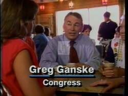 ["In the 1996 political TV ad, Republican candidate John Greg Ganske portrays himself as a staunch advocate for Iowans, focusing on healthcare improvements, tax fairness, and middle-class support. The ad emphasizes his independent stance and dedication to closing tax loopholes and advocating for working families, using scenes of him speaking confidently in Congress and at town hall meetings, always positioned as an \"Independent Voice for Iowa.\""]