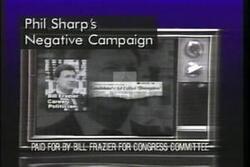 ["In the 1992 campaign ad, Republican candidate William G. Frazier directly criticizes his opponent Phil Sharp for dishonest campaign tactics. Frazier presents himself as a beacon of political change and honesty, advocating for a fresh political direction. The ad underscores this by contrasting negative images of Sharp with positive ones of Frazier, highlighting Frazier's integrity and brief impactful legislative tenure."]