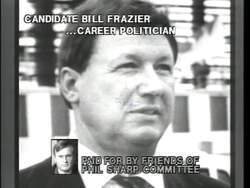 ["In a 1992 political TV ad, Democrat Phil Sharp criticizes his opponent Bill Frazier's assertion of not being a career politician by highlighting Frazier's extensive history of unsuccessful electoral campaigns. The ad features newspaper headlines, text overlays, and campaign footage that underscore Frazier's repeated runs and losses, casting doubt on his claims and portraying him as a perennial, unsuccessful candidate."]