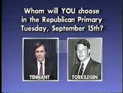 ["The 1992 campaign ad for Republican candidate Alexander (Sandy) Tennant features her debating and contrasting her political stance against opponent Peter Torkelson. Tennant emphasizes her pro-choice views and commitment to environmental issues, highlighting differences in legislative effectiveness and advocacy in reproductive and environmental rights. She appears confident and poised throughout the ad."]