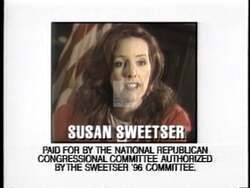 ["In her 1996 presidential campaign TV ad, Republican Susan W. Sweetser emphasizes her commitment to fiscal responsibility and bipartisan solutions. She speaks passionately, contrasting her legislative achievements with opponent Bernie Sanders' tax-raising policies. Consistently, she advocates for fiscal prudence and highlights her ability to work across party lines."]