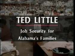["In the 1996 campaign ad, Democratic presidential candidate Ted Little emphatically advocates for American workers, focusing on job security, fair wages, and workers' rights. Positioned at various podiums, often backed by American flags, Little's consistent and determined message aims to resonate with families prioritizing economic stability and improved working conditions."]