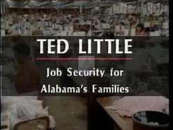 ["In the 1996 political TV ad, Democratic Party candidate Ted Little focuses intensely on advocating for fair wages and enhanced job security. Throughout various scenes, Little, speaking passionately at different podiums with an American flag often in the background, emphasizes his commitment to protecting American workers and combating overseas competition, primarily addressing crowds in Alabama."]