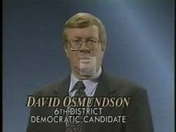 ["In the 1996 campaign ad, Democratic candidate David L. Osmundson emphatically promotes a vision of a nurturing and caring society. Addressing the audience from various settings including campaign offices, an outdoor rally, and a professional office, Osmundson demonstrates sincerity and hope, consistently surrounded by campaign imagery and banners, reinforcing his commitment to societal values."]