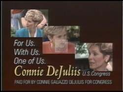["In the 1996 presidential campaign ad, Democratic candidate Connie Galiazzo DeJuliis, depicted as a determined young mother and advocate, underscores her commitment to making education accessible and affordable. Through scenes of her working late, speaking at town halls, and interacting with students, the ad emphasizes her personal sacrifices and relentless advocacy for education funding."]