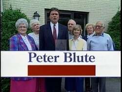 ["In the 1996 campaign ad, Republican candidate Peter I. Blute promotes his amendment aimed at improving safety in public housing for seniors. Throughout the advertisement, Blute is seen addressing the issue in various settings, advocating for policies that protect elderly residents from addicts and alcoholics, and illustrating the benefits of a safer, serene living environment for seniors."]