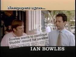 ["In the 1996 campaign ad, Democratic candidate Ian Bowles showcases his youthful vigor and strong commitment to social issues. Speaking confidently from a podium, Bowles passionately advocates for the rights of seniors and women, promising to push forward with progressive policies. His energetic presence and powerful speeches engage and inspire a supportive crowd, emphasizing his readiness to lead with determination and a fresh perspective."]