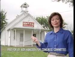 ["In the 1996 presidential campaign ad, Democratic candidate Judy Hancock addresses the urgent need for modernizing Americas educational facilities. Using visuals of vintage, one-room schoolhouses to symbolize outdated systems, Hancock advocates for enhanced funding and support to provide students with the resources necessary to succeed in modern times."]