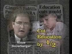 ["In her 1996 campaign ad, Democratic candidate Judy Hancock champions moderate education and gun control policies. The ad portrays her as a sensible alternative to her opponent, Vince Snowbarger, whose policies are depicted as extreme. Hancock is shown engaging with communities, underscoring her commitment to safe schools and sensible laws, presenting a sharp contrast to Snowbarger's views."]