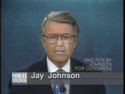 ["In the 1996 political TV ad, Jay Johnson, a former newsman and community leader, announced his congressional run. Scenes show him confidently addressing the public and media, promising to balance the budget, enhance school safety, and support middle-class families. He positions himself as a dedicated advocate committed to improving family life and education."]