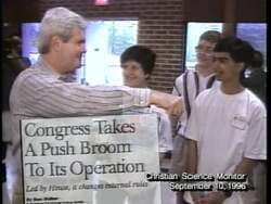 ["The 1996 Newt Gingrich presidential campaign ad showcases him speaking at various events, passionately advocating for legislative reforms. Throughout the ad, Gingrich is depicted in multiple scenes as a confident and determined leader, addressing attentive crowds in formal settings and receiving applause. His demeanor conveys strong leadership, aimed to resonate with a broad audience of voters."]