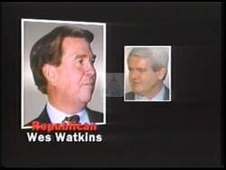 ["The 1996 political ad for Democratic Party candidate Darryl F. Roberts features Wes Watkins, illustrating his shift to the GOP and allegiance with Newt Gingrich. Watkins is portrayed addressing audiences and Congress, confidently championing his party switch and controversial leadership claims, especially regarding budget cuts and tax breaks, which align him more with elite Republicans than common folk."]