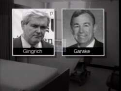 ["The 1996 Democratic campaign ad portrays Newt Gingrich and Congressman Greg Ganske as colluding to cut Medicare and raid pensions to fund tax breaks, threatening seniors' financial security. Various scenes vividly depict the duo in serious discussions, characterizing them as harmful to elderly and employee benefits. The impact on concerned seniors is emphasized."]
