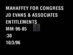 ["In the 1996 campaign ad, Republican candidate Mike Mahaffey is depicted assertively advocating for justice, fairness, and the protection of Social Security and Medicare. Scenes interchange between Mahaffey addressing the camera in office and courtroom settings, and passionately speaking at podiums, emphasizing his commitment to community and dedication to preserving key social programs. The ad emphasizes his resolve and leadership qualities."]
