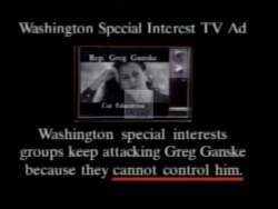 ["The 1996 political TV ad for Republican candidate Greg Ganske showcases scenes of him confidently addressing the camera and various audiences, rebuffing false claims made by special interest groups, particularly the AFL-CIO. Surrounded by newspaper headlines and cheering supporters, Ganske emphasizes his integrity and dedication to truth in facing misleading attacks."]