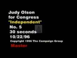 ["In the 1996 political TV ad for Democratic candidate Judy Olson, scenes depict her firmly addressing issues such as Medicare, education protection, and welfare reform. Olson emphasizes her independence from strict party lines, criticizing her opponent for partisan politics, and advocating for bipartisan values and prioritizing her constituents' needs."]