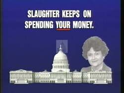 ["The 1996 political ad targeting Congresswoman Louise Slaughter focused heavily on her fiscal decisions, criticizing her for increased government spending and voting against budget cuts. Scenic frames consistently portrayed Slaughter alongside disapproving text, suggesting wasteful expenditure. Additional scenes featured displeased taxpayers, emphasizing the negative impact of her policies on average citizens."]