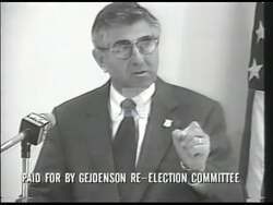 ["In the 1996 political TV ad, Democratic candidate Sam Gejdenson sharply contrasts his pro-education policies with opponent Ed Munster's record of educational funding cuts. The ad emphasizes Gejdenson's support for student tax deductions and portrays him as a champion for Connecticut's middle-class students, while consistently depicting Munster in a negative light for opposing educational support."]