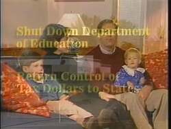 ["In a 1996 political TV ad, Republican candidate John Edward Sununu passionately advocates for shifting control of education from federal to local levels. Throughout various scenes, he addresses the camera, emphasizing local and state management over educational policies and funds, criticizing federal inefficiencies and bureaucracy. The ad features Sununu speaking confidently in multiple settings, reinforcing his stance on education reform."]
