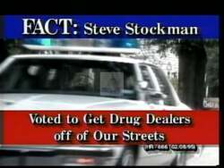 ["The 1996 political ad for Steve Stockman contrasts him favorably against Nick Lampson. While showcasing their differing political views, it casts Lampson in a negative light, using visuals such as a grimacing Lampson in a dimly lit, accusatory debate scene, suggesting a divisive tone to persuade viewers towards Stockman."]