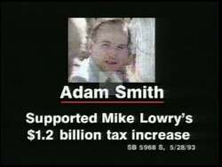 ["In the 1996 TV ad for Randy J. Tate's presidential campaign, various frames contrast Tate's support for middle-class tax cuts with opponent Adam Smith's backing of tax increases. The ad emphasizes Tate's conservative policies, highlighting his opposition to Smith's liberal stances and criticizing Smith's voting record to appeal to voters."]