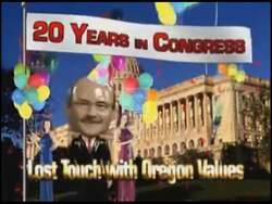 ["In the 2006 political TV ad, Republican Jim Feldkamp campaigns against Democrat Peter DeFazio, criticizing him for not aligning with Oregon���������s local values. The ad visually portrays DeFazio in a dimly lit room, enhancing a negative tone and suggesting controversy surrounding his policies and disconnect from constituents."]