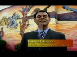 ["In the 2008 political TV ad for Democratic candidate Peter Mathews, scenes feature Mathews passionately advocating for healthcare, education, and economic reforms. As a congressional candidate and political science professor, Mathews emphasizes strong support for small businesses and social reforms, speaking earnestly in various settings including at a podium and a classroom."]