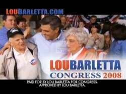 ["The 2008 electoral campaign ad for Republican candidate Lou Barletta prominently features him speaking forcefully about the urgent need for political change and new leadership in Washington. Throughout multiple scenes, he is seen addressing an attentive crowd, advocating for leadership overhaul and policy redirection, with American flags frequently in the backdrop, underscoring his patriotic message."]