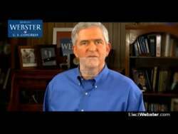 ["In the 2010 political TV advertisement, Republican candidate Daniel Webster emphasizes his commitment to political reform and conservative principles, consistently portrayed in a confident and polished manner. Surrounded by American flags, he addresses his intentions for fiscal responsibility and government reform, appealing to viewers for their support, while earnestly conveying his vision and values."]