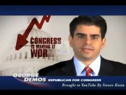 ["In a 2010 political TV ad, Republican candidate George Demos vehemently criticizes Congressman Tim Bishop for his economic policies and decisions, accusing him of poor governance. Demos appears confident and serious, addressing the camera directly with the American flag in the background, advocating for change and accountability in Congress."]