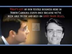 ["In his 2010 campaign ad, Democratic presidential candidate Mike McIntyre highlights the decline of the textile industry in North Carolina. He criticizes his opponent's trade policies while standing in a textile factory, showcasing idle machinery and abandoned facilities. McIntyre pledges support for local manufacturing to rejuvenate American jobs."]