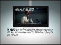 ["In the 2012 campaign ad, Republican U.S. Representative Ben Chandler critically addresses President Obama's jobs bill, emphasizing its economic impacts. Throughout the ad, Chandler is seen debating and discussing economic policies with a patriotic backdrop and campaign imagery. He voices concerns and critiques while affirming his own stance on job legislation."]