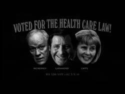 ["In the 2012 political TV ad, Democratic representatives John Garamendi, Lois Capps, and Jerry McNerney are criticized for supporting a controversial health care law, labeled as a tax by the Supreme Court. The ad portrays them in various discussions, emphasizing their refusal to repeal the law, using negative framing and text to urge viewers to oppose their stance."]