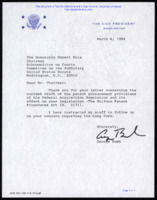 ["A very short response letter to Bob Dole from Vice President George H.W. Bush. Dole had clearly written to the Vice President previously, regarding how Federal Acquisition Regulation might affect his proposed patent legislation."]