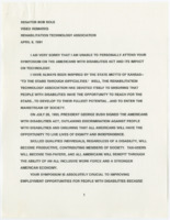["Remarks by Senator Bob Dole on a video speech to the Rehabilitation Technology Association at the Symposium on the Americans with Disabilities Act."]